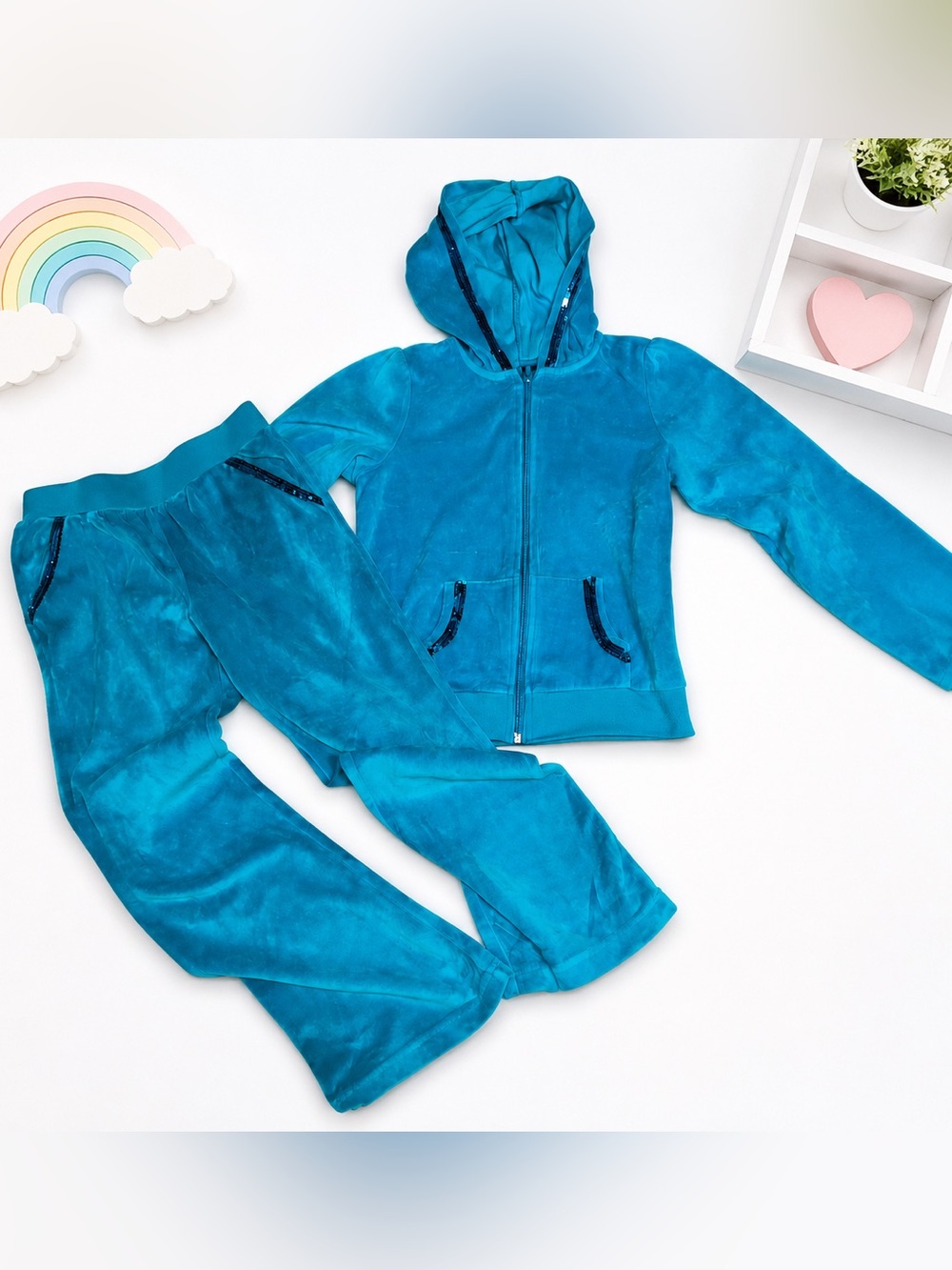 Girls basic editions Teal Velour Hoodie & Jogger Set sz L 10 / 12